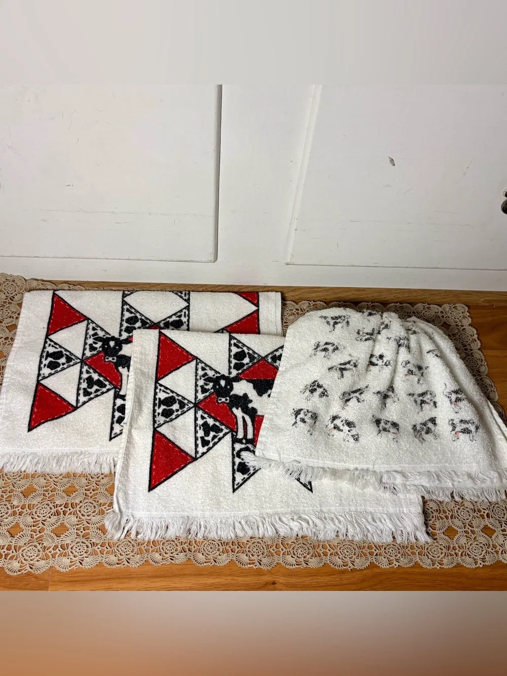 Vintage 80s/90s Cow Print Cotton Hand Kitchen Towels Set of Three